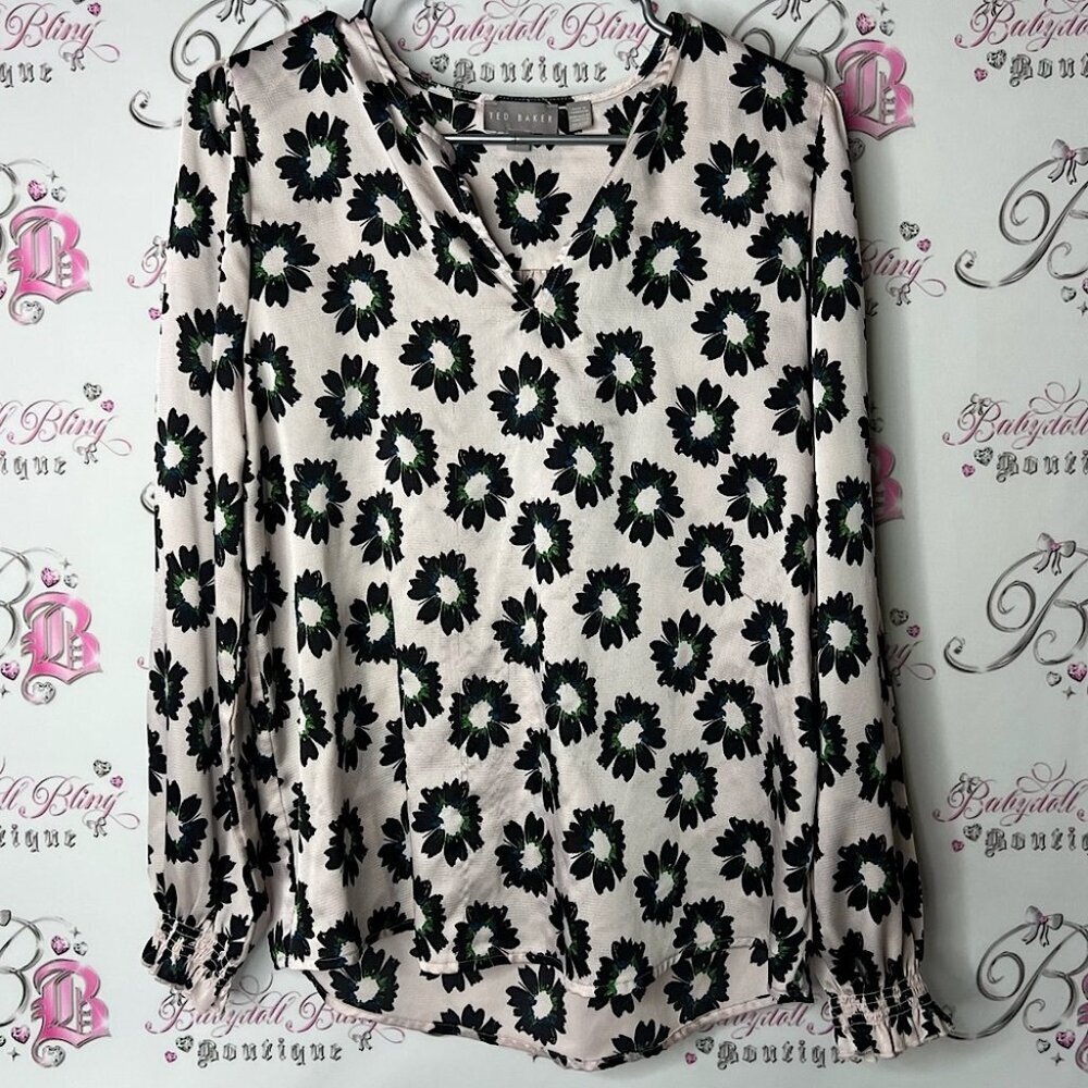 Ted Baker blouse top long sleeves floral flowers Black and Green Floral Blouse